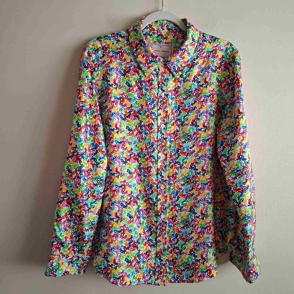 Lingua Franca Yes Doodle Print Silk Button Down Shirt Rainbow Multicolor L